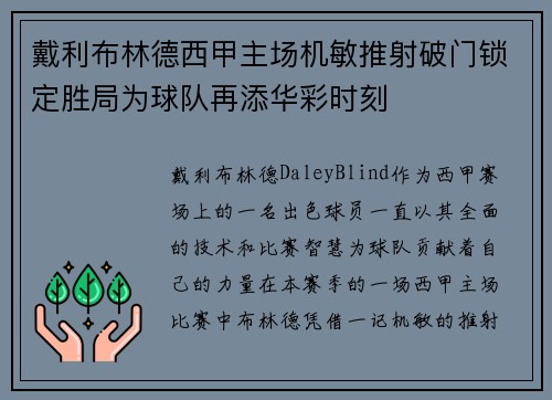 戴利布林德西甲主场机敏推射破门锁定胜局为球队再添华彩时刻