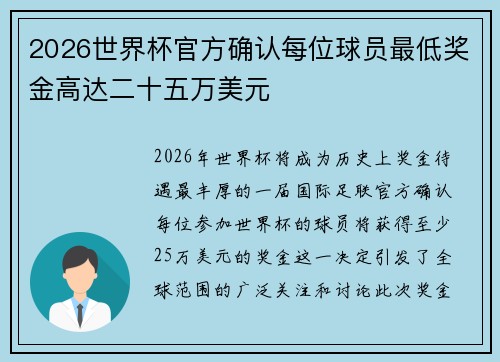 2026世界杯官方确认每位球员最低奖金高达二十五万美元 2026世界杯官方确认每位球员最低奖金高达二十五万美元