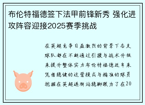 布伦特福德签下法甲前锋新秀 强化进攻阵容迎接2025赛季挑战