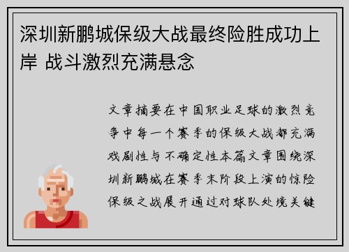 深圳新鹏城保级大战最终险胜成功上岸 战斗激烈充满悬念 深圳新鹏城保级大战最终险胜成功上岸 战斗激烈充满悬念